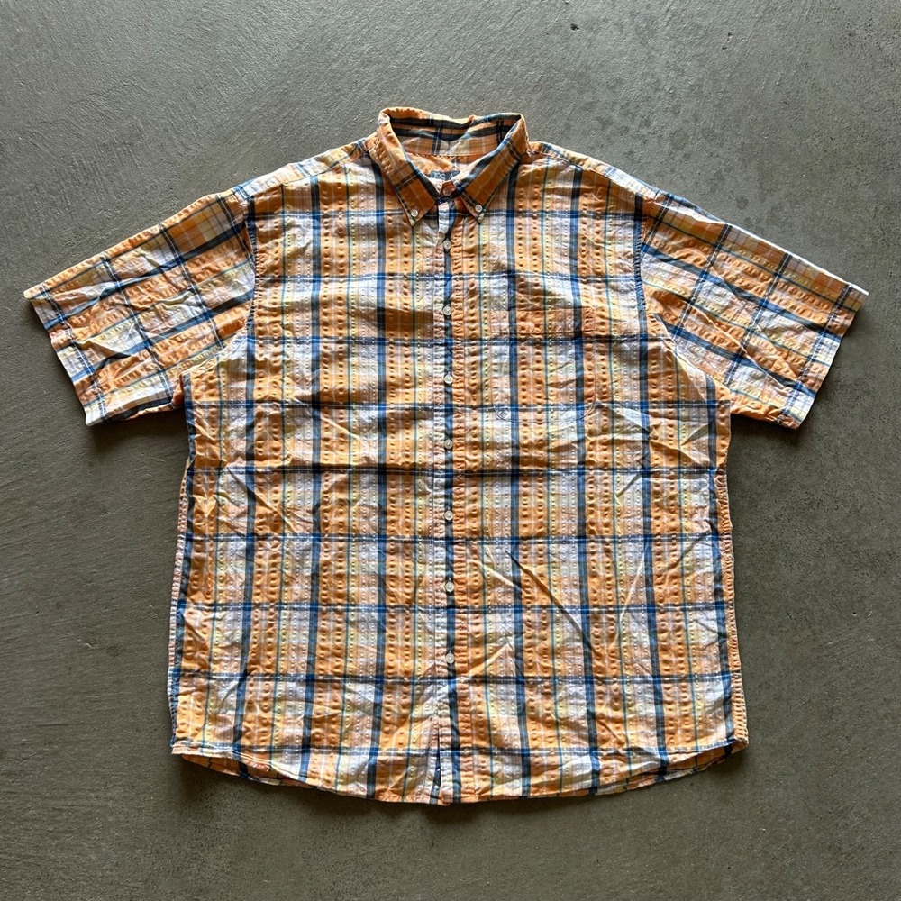 Jos A Bank Stays Cool Seersucker Shirt Mens XL Orange Short Sleeve Button Down